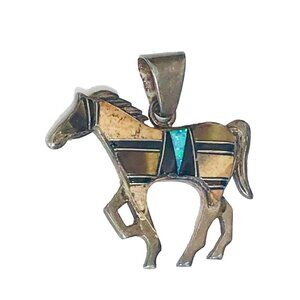 Sterling Silver Onyx Opal Tigers Eye Horse Pendant Stone Inlay Native American